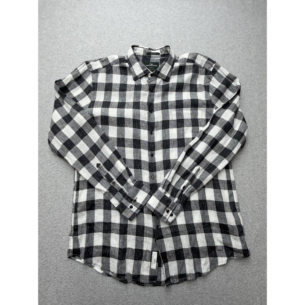 Rodd & Gunn Shirt Mens XL Gray Check Linen Long Sleeve Slim Fit Button Front